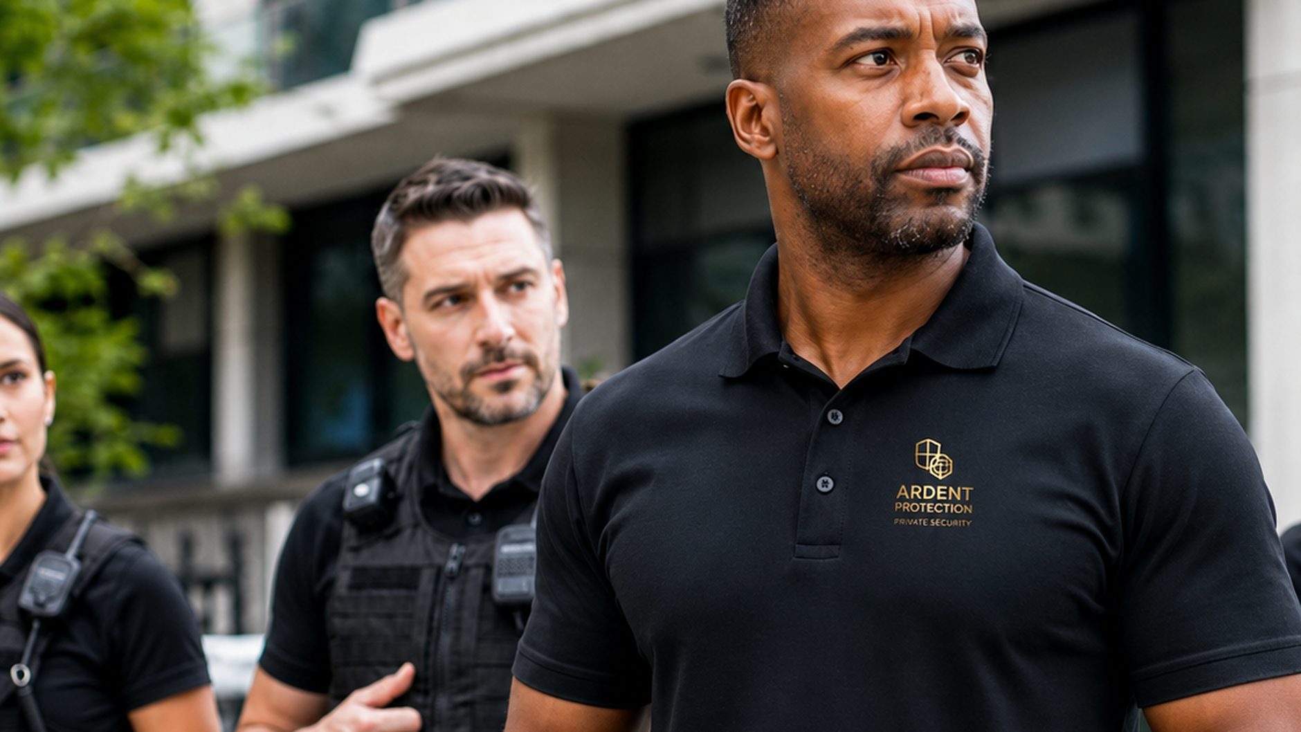 An ARDENT Protection Officer greeting a resident at the entrance of a Florida multifamily property.